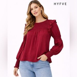HYFVE Burgundy Smocked Boho Blouse Medium minimalist Gypsy ruffle shoulder
